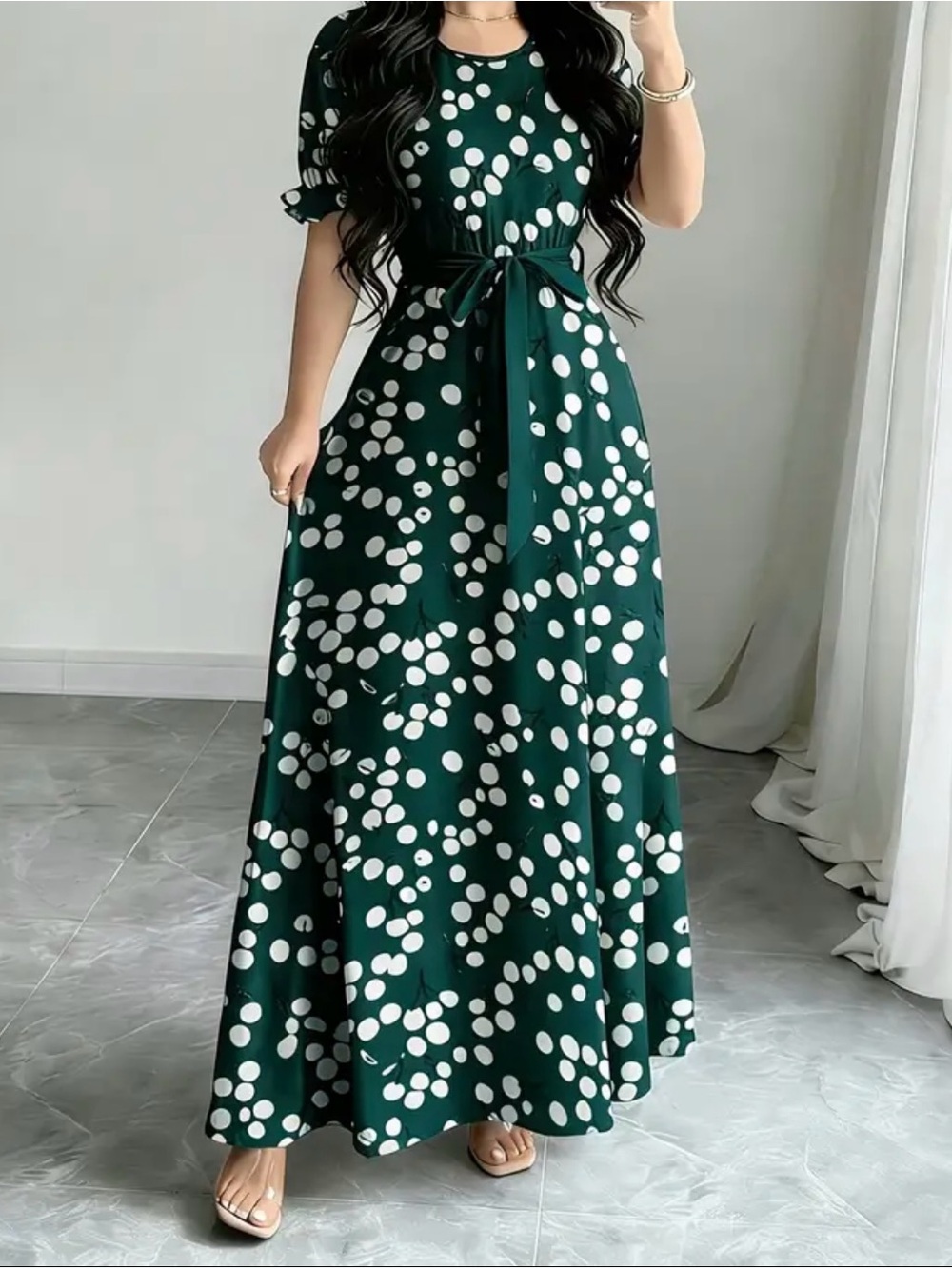 Polka Dot  Dress in Dark Green with Belt